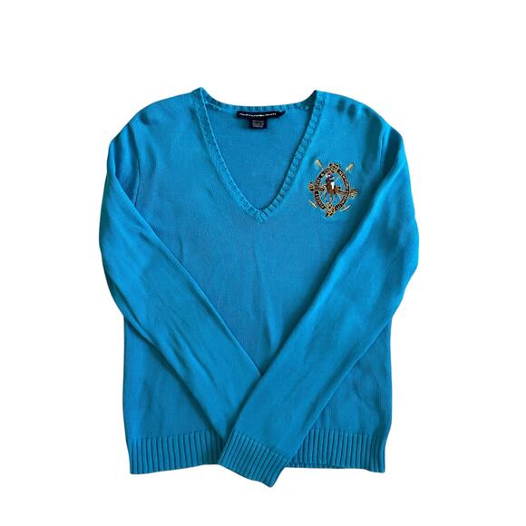 VTG Ralph Lauren Turquoise Crescent Sweater V-Neck Long Sleeve Pullover Size XL - Picture 1 of 16